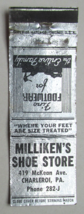 Milliken&#39;s Shoe Store - Charleroi, Pennsylvania 20 Strike Matchbook Cover PA - £1.37 GBP