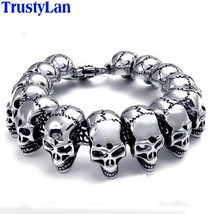 Punk Rocker Skull Head Man Bracelet for Men Stainless Steel Skeleton Jewelry Men - £31.25 GBP