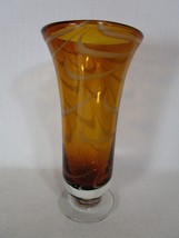 Vintage Hand Blown Brown Amber With White Swirl Footed Glass Vase 9&quot; - £15.56 GBP