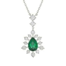 2.00CT Pear Cut Simulated Emerald Solitaire Pendant 14K White Gold Plated - £84.18 GBP