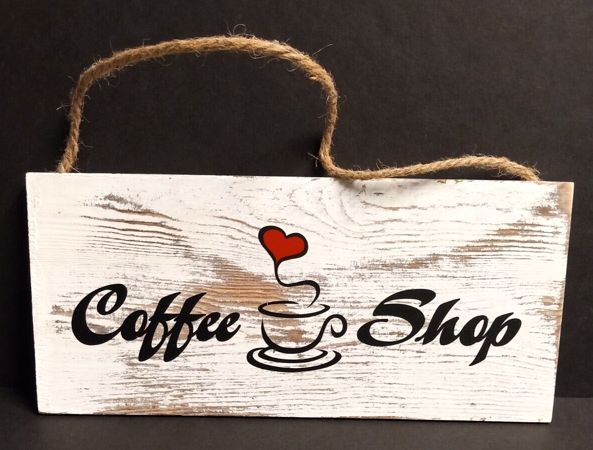Coffee Shop White Wash Pine Distressed Wood Plank Plaque Sign w/ Rope Handle 12" - $19.99