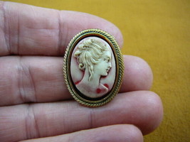 (cred-10) Woman hair up bun curls ivory lady red oval CAMEO jewelry Pin Pendant - £23.52 GBP
