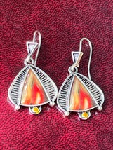 Orange &amp; Yellow Enamel Triangle in Silvertone Frame Dangle Earrings for Pierced  - £10.46 GBP