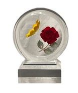 Wald Acrylic Paperweight Figurine Yellow Butterfly Red Rose Flower Signe... - $24.74