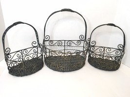 Set of 3 Rustic Farmhouse Wall Baskets Primitive Wire With Woven Base Bl... - $22.49