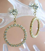 Prong-set Crystal Rhinestone Gold-tone Pierced Hoop Earrings 1980s vint. 1 1/2&quot; - £9.80 GBP