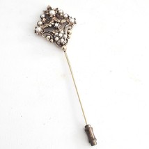 Florenza Vintage Gold Tone Heraldic Faux Seed Pearl Lapel Hat Stick Pin 3.5&quot; - £22.21 GBP