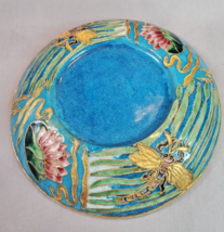 Cloisonne Candle Holder Plate Dish Dragonfly Lotus Blue Green for 3in. Pillar - £15.78 GBP