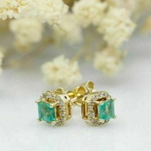 1.90CT Princesse Coupe Vert Émeraude Halo Clou Earrings IN 14K Finition ... - $88.16