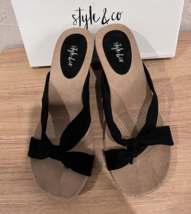 Style &amp; Co. Women&#39;s Black Square Toe Strappy Thong Wedge Shoes Size 8M - £20.94 GBP