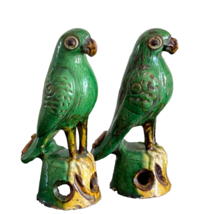 Antique Chinese Pair of Green Ceramic Parrots Figurines Jian Ding Certified Seal - £778.76 GBP