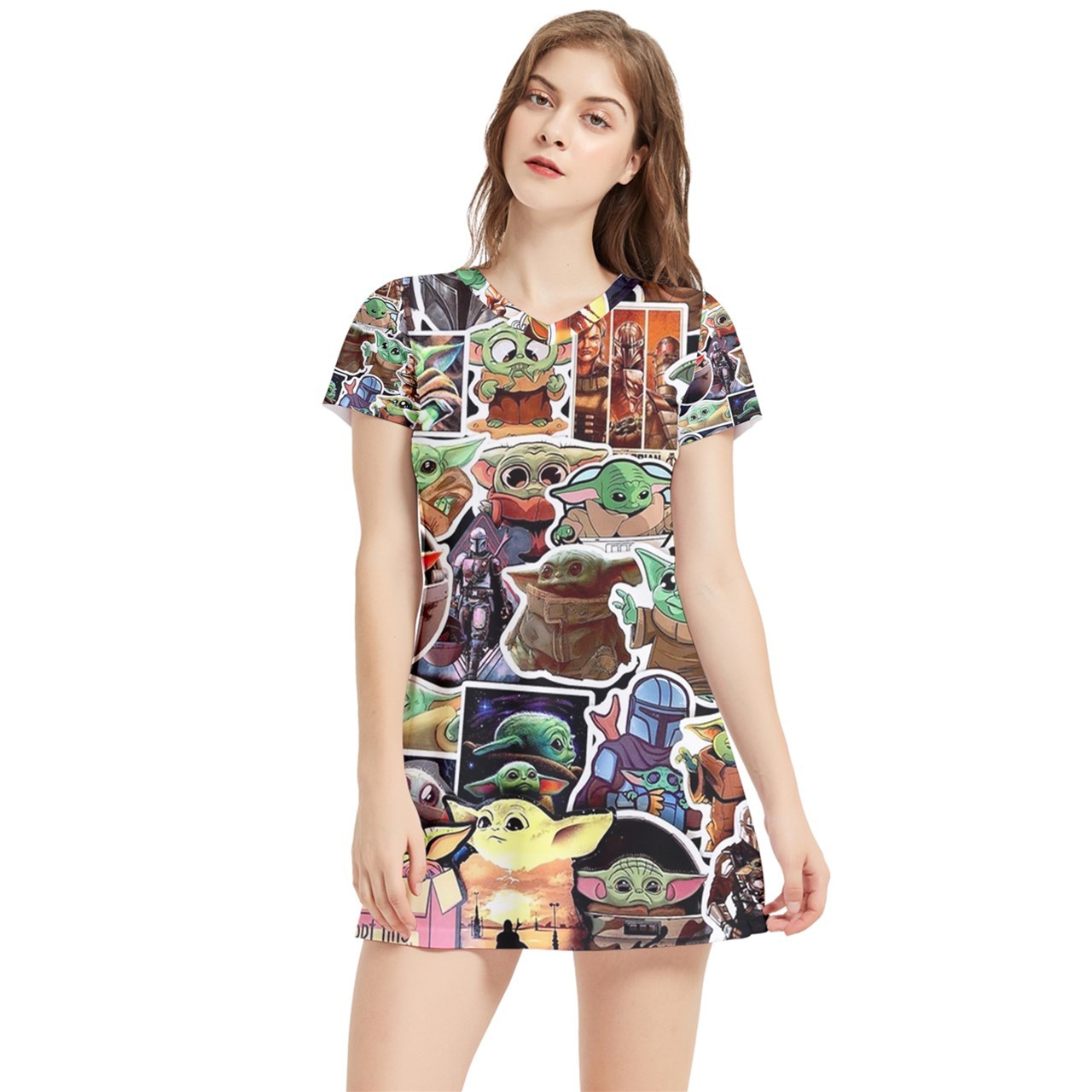 Primary image for Baby Yoda Collage Sticker Bomb Design Sexy Short Sleeve V-Neck Dress