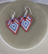 Red White and Blue Seed Bead Earrings, Small Heart Earrings, Seed Bead Earrings  - £19.73 GBP