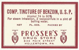 Antique Pharmacy Label COMP. TINCTURE OF BENZOIN Prosser's Drug Store He... - $27.27