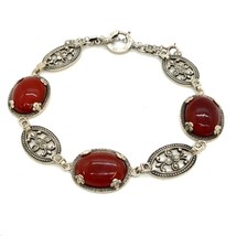 Antique Sterling Art Deco Carnelian Cabochon Marcasite Panel Link Bracelet sz 7 - £75.17 GBP