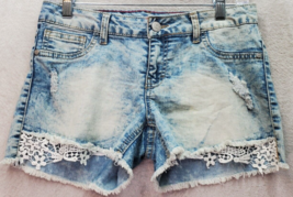 Lee Short Shorts Girls Size 16 Blue Denim Lace Trim Cotton Acid Wash Flat Front - $18.45