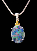 Sterling Mosaic Opal and Orange Sapphire necklace - opal doublet  - Cupid stone- - £235.76 GBP