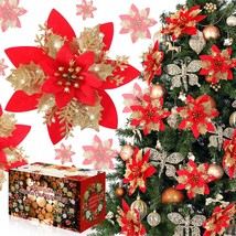 Poinsettia Christmas Decorations Flowers - 12 Pcs. Artificial Red Gold - £23.57 GBP