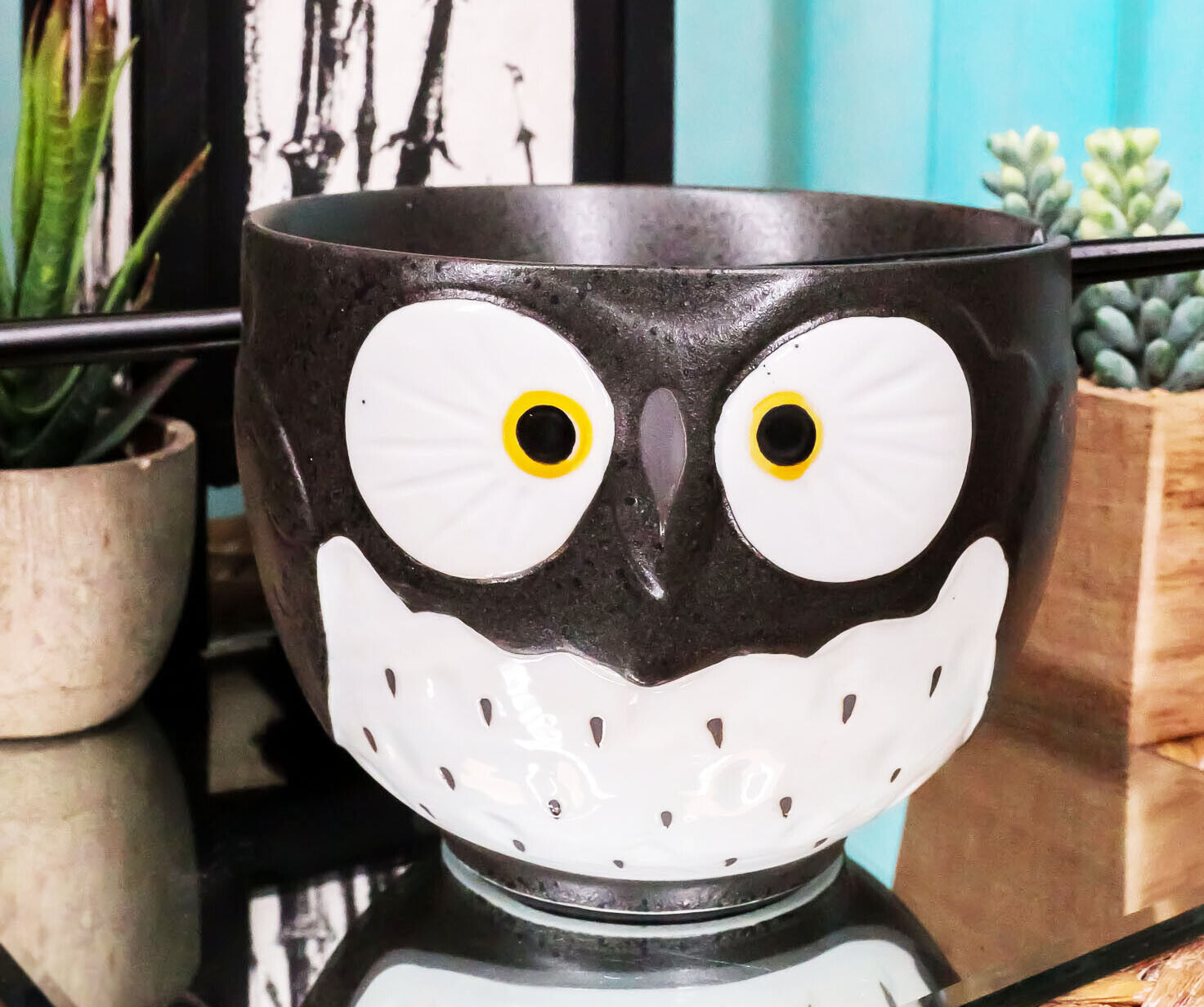 Whimsical Ceramic Black Owl Ramen Udong Noodles Soup Bowl With Chopstick... - $20.49