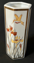 Vintage Japanese Satin Hexagon Vase with Hummingbird &amp; Irises - $27.35 CAD