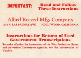 Hollywood California Vinylite Allied Record Company Government WWII - $32.56