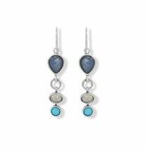 Fashion Women Blue Kyanite Three Stones Dangling Drop Hook Earrings 14K White GP - £180.16 GBP
