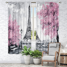 Cinbloo Girls Paris Curtains Rod Pocket Eiffel Tower Bedroom Decor Pink Tree Wom - £34.02 GBP