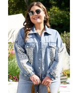 Beau Blue Leopard Patchwork Flap Detail Plus Size Denim Jacket - $41.84