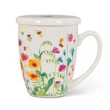 Bee Flower Garden Covered Mug with Strainer 12 oz Bone China 4.5" High with Lid image 3