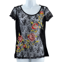 Candie&#39;s Romantic Black Lace Floral Cross Stitched Blouse Top Sz S Short... - £18.30 GBP