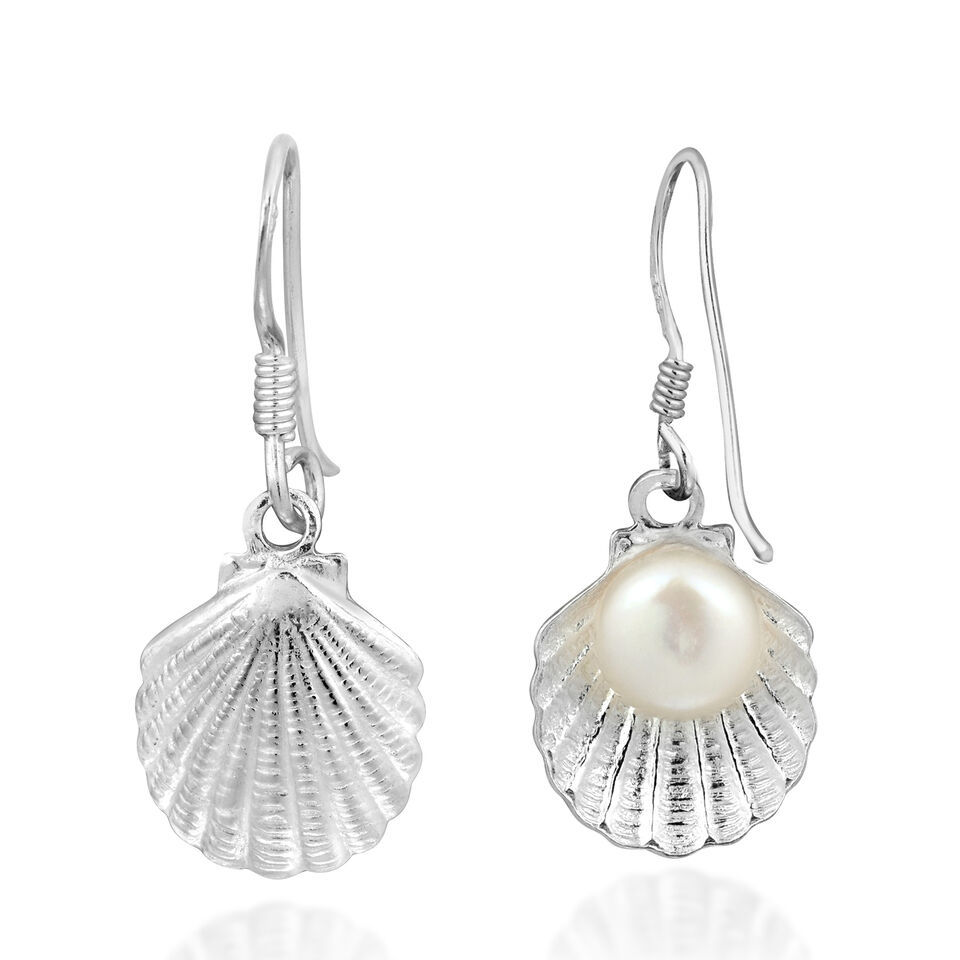 Primary image for Elegant Ocean Inspired Pearl in a Shell Sterling Silver Dangle Earrings