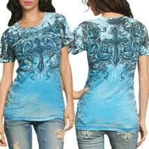 Sinful Keep The Faith Cross Roses Filigree Rhinestones Womens T-Shirt Blue S-XL - £48.60 GBP