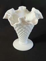 Vintage Hobnail Milk Glass Trumpet Vase with Ruffled Rim  5.5&quot; - £10.18 GBP