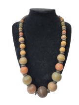 Vintage Chunky Wood Beaded Necklace Brown Gold-Tone Spacers 22 in Boho Bohemian - £13.33 GBP