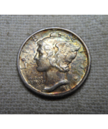 1936-D 90% SILVER MERCURY DIME RAINBOW TONING AU ALMOST UNCIRCULATED - $27.00