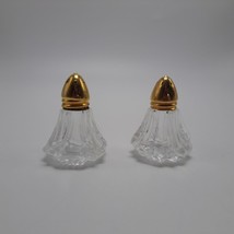 Vintage Clear Glass Salt &amp; Pepper Shakers Gold-Tone Lids Elegant Table D... - £8.94 GBP