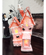 Halloween Gingerbread Pink Pastel Haunted House with Ghost 13.5 ” LED li... - £47.95 GBP