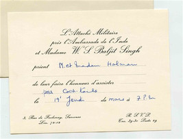 Military Attaché to the Embassy of India Cocktail Invitation Paris France  - $17.82