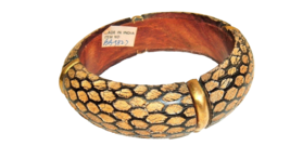 Vtg Bangle Bracelet India Chunky Wood and Brass Carved Snakeskin Geometric boho - £15.79 GBP