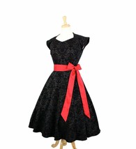 Cute Rockabilly 50s Retro Black Damask Red Belt Bow Swing Dress Vintage ... - $78.41