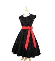 Cute Rockabilly 50s Retro Black Damask Red Belt Bow Swing Dress Vintage ... - £61.59 GBP