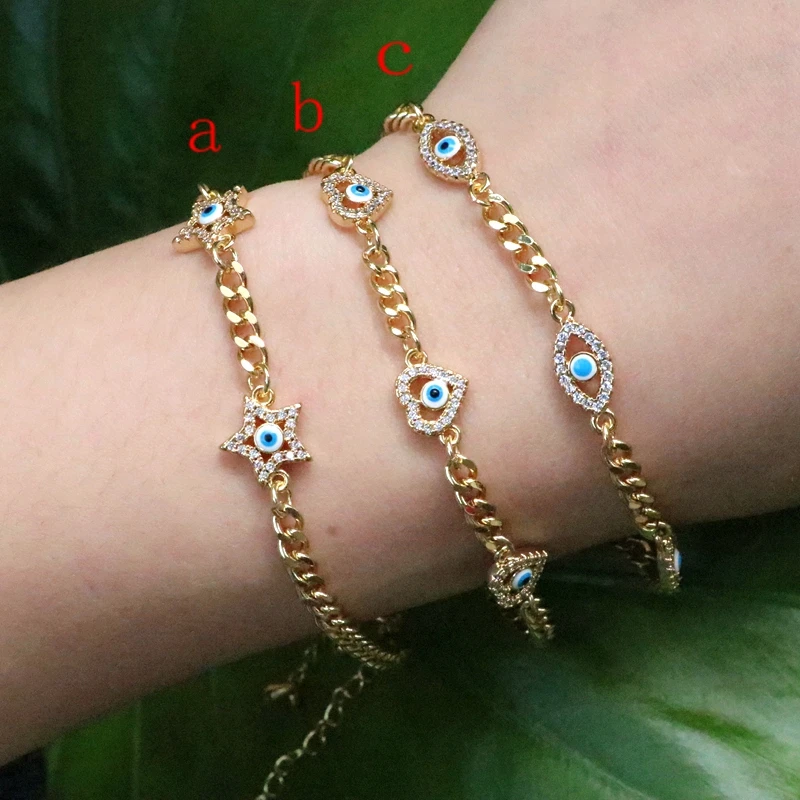 5Pcs Blue eye Turkish Charm bracelet, Gold chain bracelet, Lucky eyes Zircon adj - £42.58 GBP