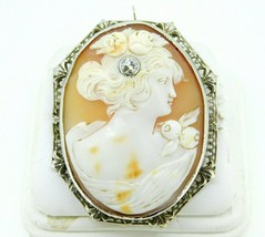 Art Deco 14k Gold Genuine Natural Shell Cameo and Diamond Filigree Pin (... - $445.50