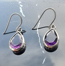925 STERLING SILVER PEAR SHAPE 12x8mm NATURAL AMETHYST FISH-HOOK DANGLE ... - $1,064.84 MXN