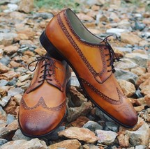 New Handmade men tan shoes, wingtip brogue shoe for men, men formal leather shoe - £114.95 GBP