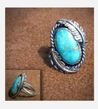 SILVER TURQUOISE CRACKLE STONE FEATHER RING SIZE 4 5 6 7 9 10 11 - £31.96 GBP