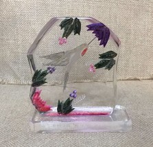 Vintage Reverse Carving Lucite Acrylic Floral Hummingbird Paperweight w Base - £11.86 GBP