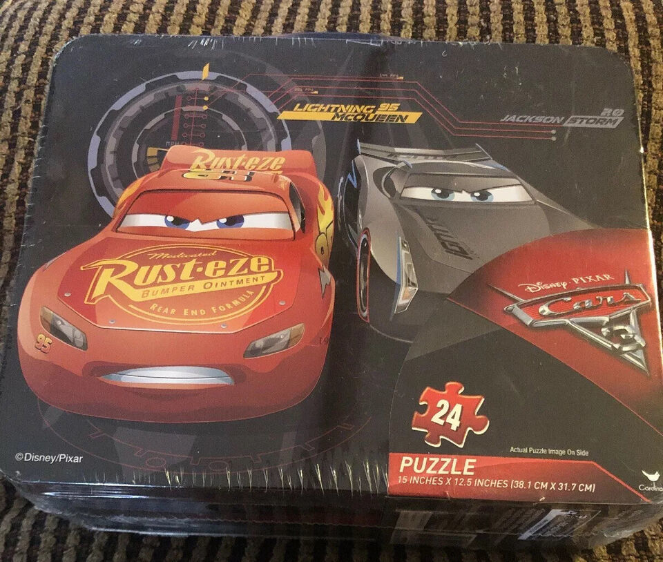 Cardinal Disney Pixar Cars Puzzle Tin Lunch Box Toy Storage 24 Pieces  FACTORY - $9.89