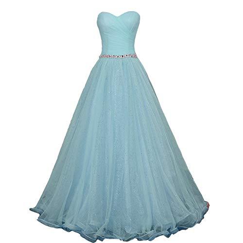 Sweetheart Simple Pleats Beaded Tulle Long Evening Prom Dresses Sky Blue US 16