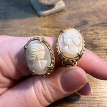 Vintage Carved Shell Cameo Clip On Earrings Pale Ornate Gold Tone - $24.95